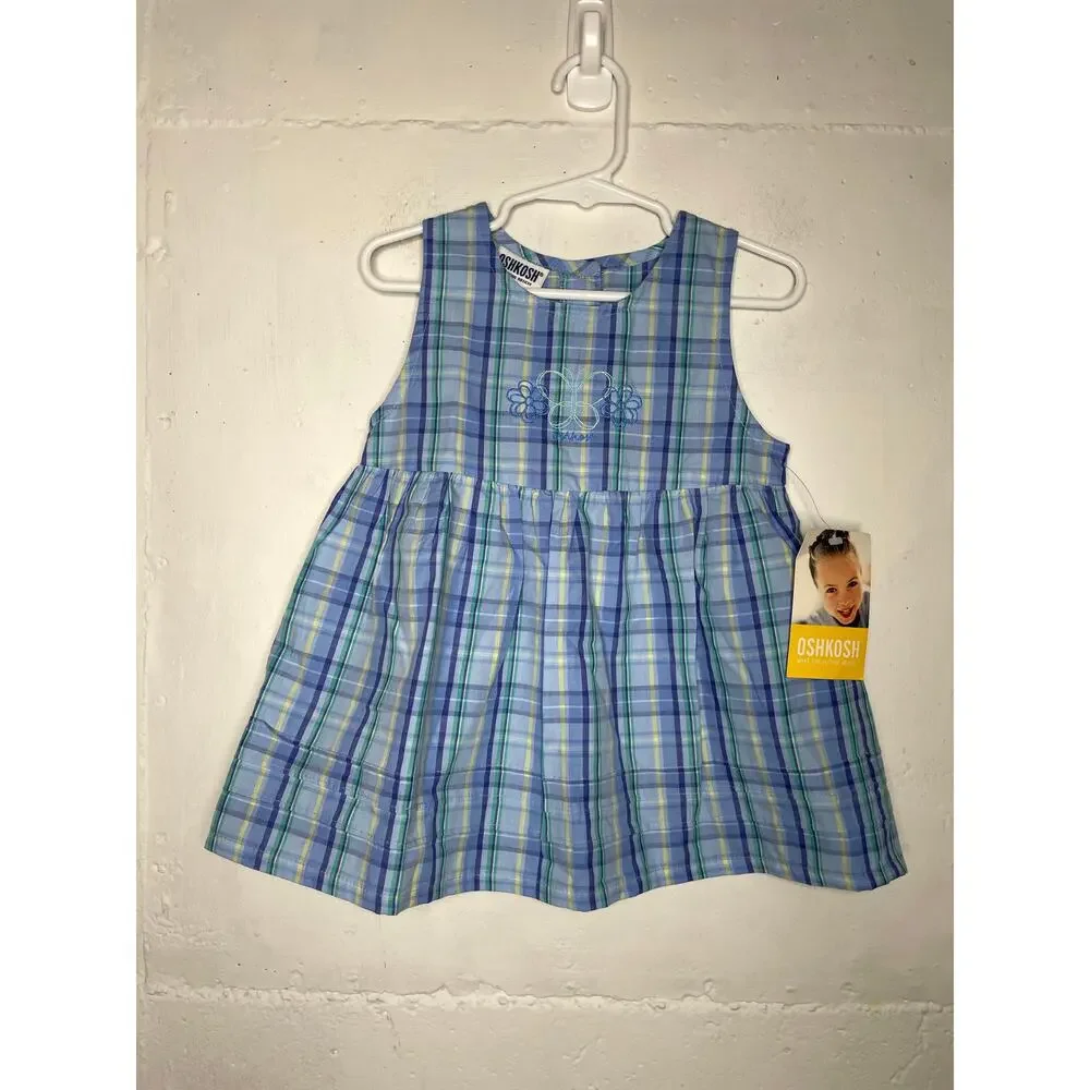 NEW Vintage Osh Kosh Girls Blue Plaid Dress Cotton 2T Sleeveless